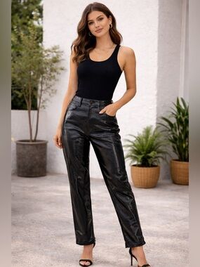 Abercrombie & Fitch 90s High Rise Faux Leather Pants Black Shiny Straight 29